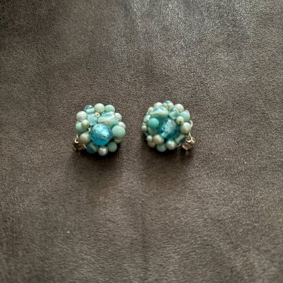 Vintage Clip-On Earrings W/ Blue & Green Beaded Cluster Design - Picture 1 of 4